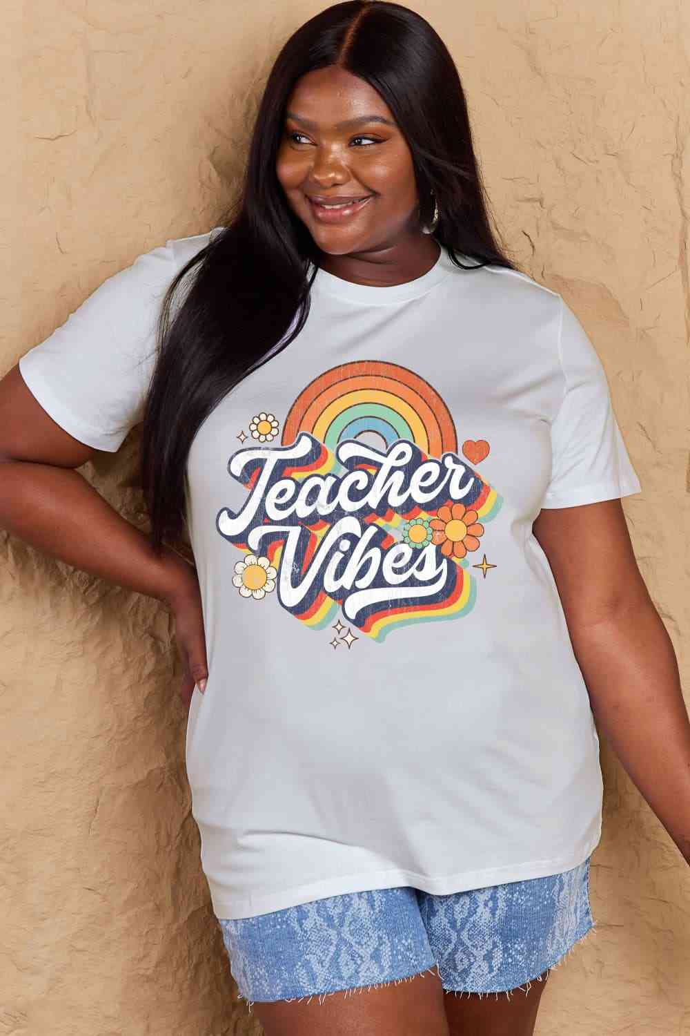 Simply Love Full Size TEACHER VIBES Graphic Cotton T-Shirt Women's T-Shirts - Tophatter Daily Deals