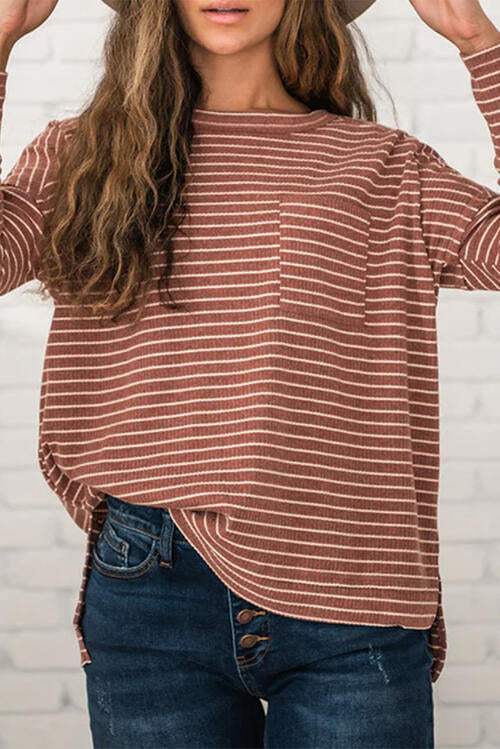 Striped Round Neck Long Sleeve Slit T-Shirt Women's T-Shirts - Tophatter Daily Deals