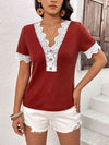 Decorative Button Spliced Lace Short Sleeve Top Blouses - Tophatter Daily Deals