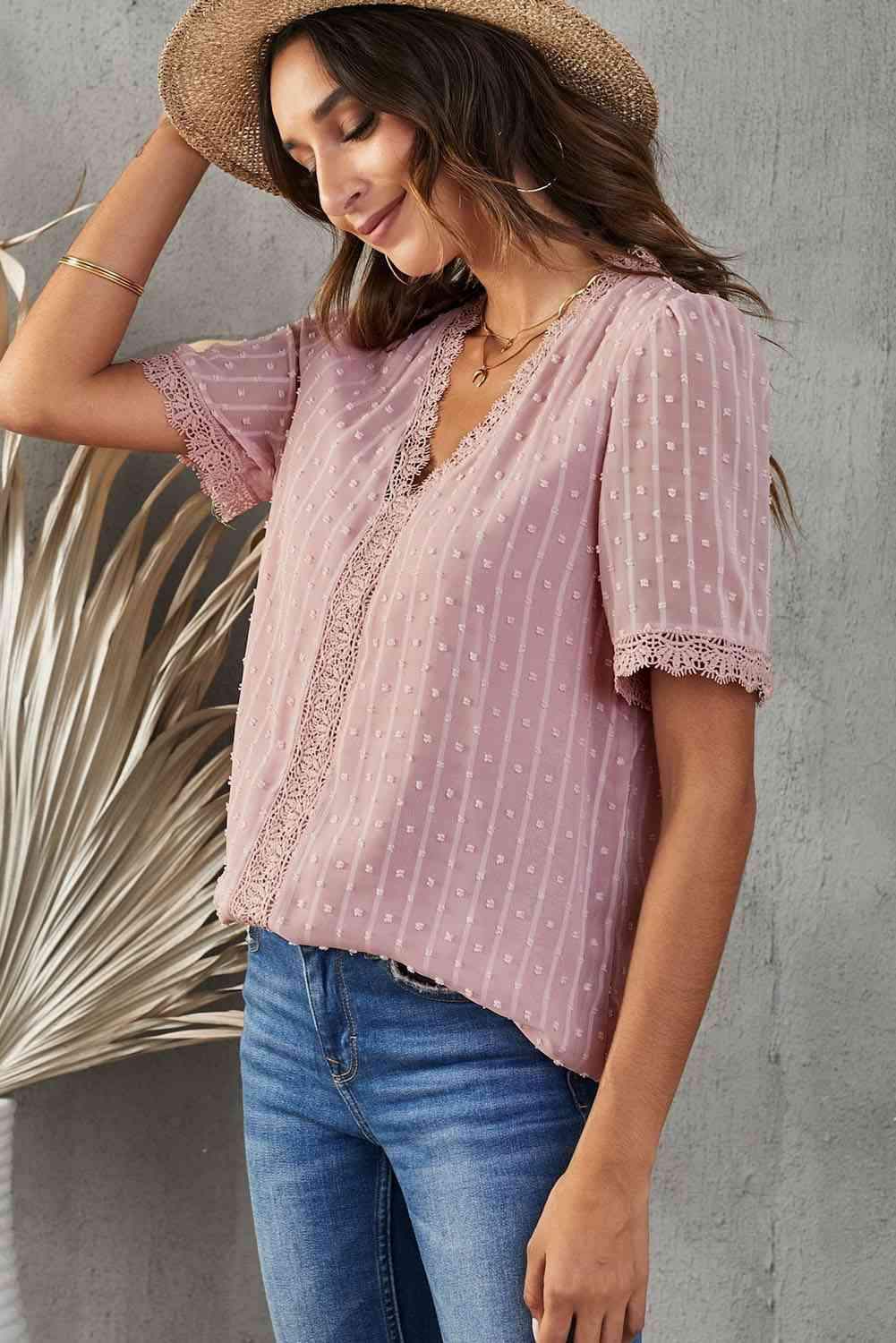 Swiss Dot Lace Trim Plunge Blouse Blouses - Tophatter Daily Deals