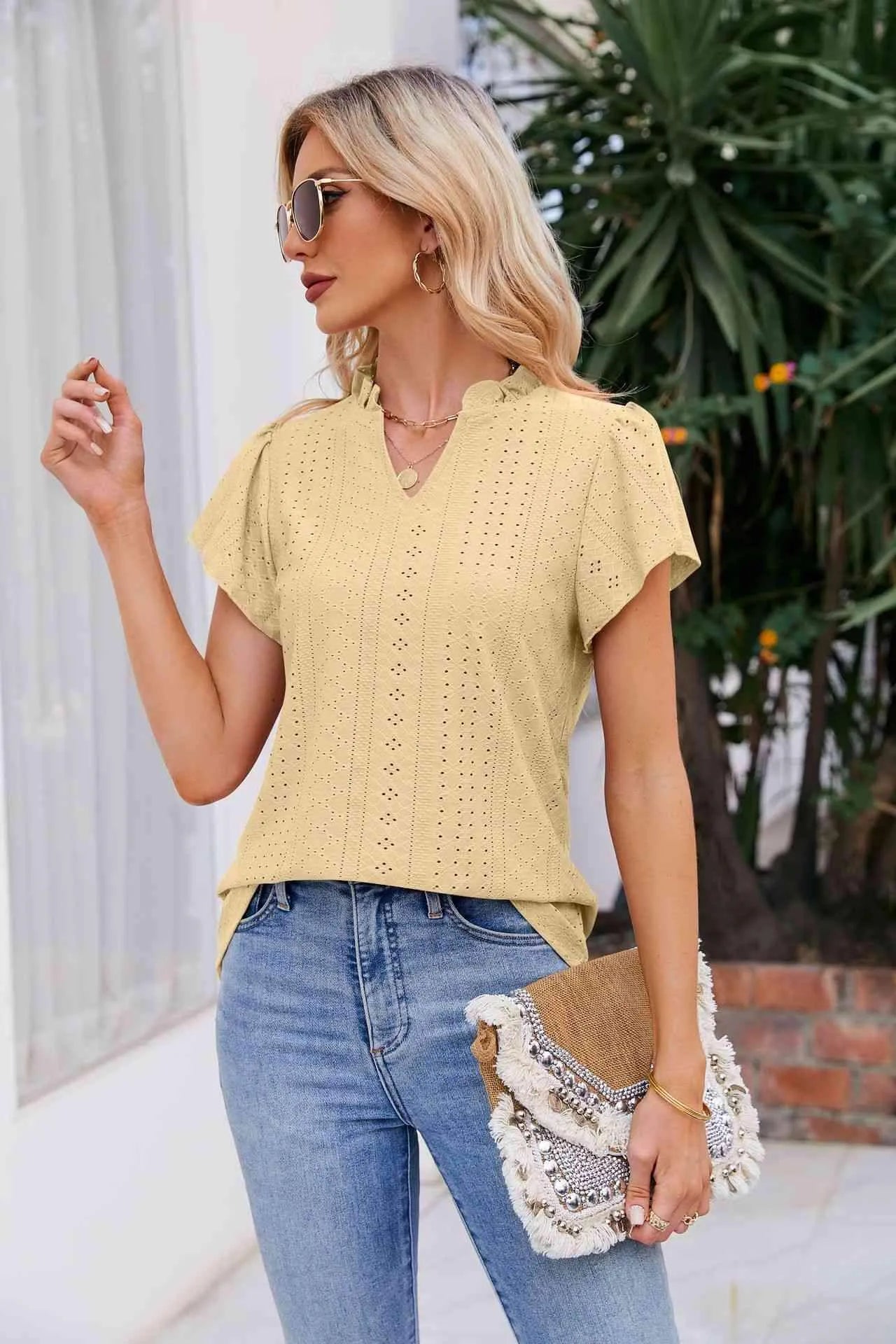 Notched Neck Puff Sleeve Blouse Blouses - Tophatter Daily Deals