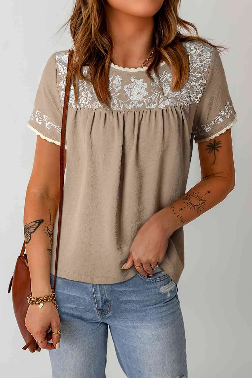 Embroidered Round Neck Short Sleeve Blouse Khaki Blouses - Tophatter Daily Deals