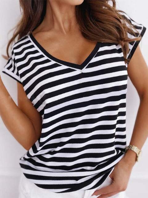 Striped V-Neck Short Sleeve T-Shirt Women's T-Shirts - Tophatter Daily Deals