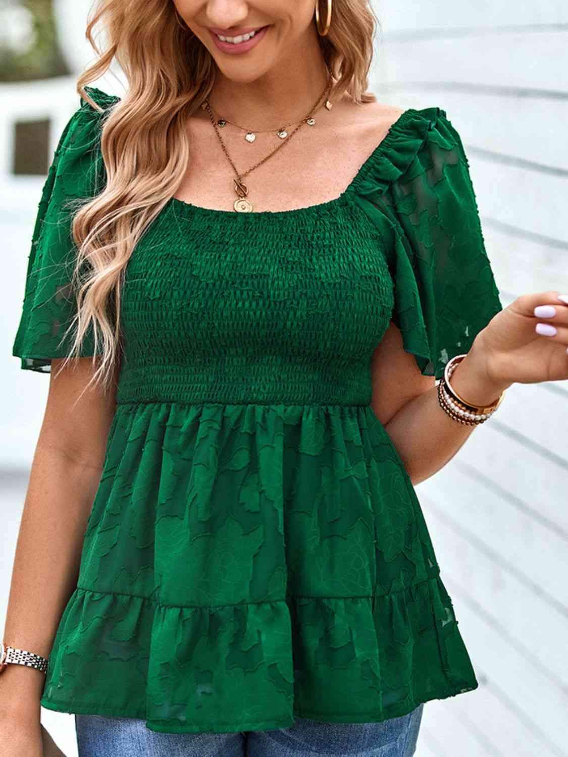 Smocked Square Neck Babydoll Blouse Blouses - Tophatter Daily Deals