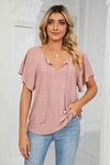 Eyelet Tie-Neck Flutter Sleeve Top Pink Blouses - Tophatter Daily Deals