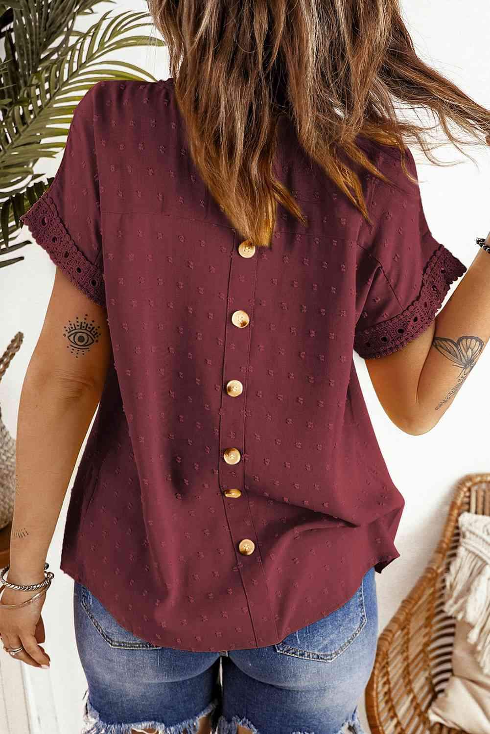 Swiss Dot Decorative Button Short Sleeve Blouse Blouses - Tophatter Daily Deals