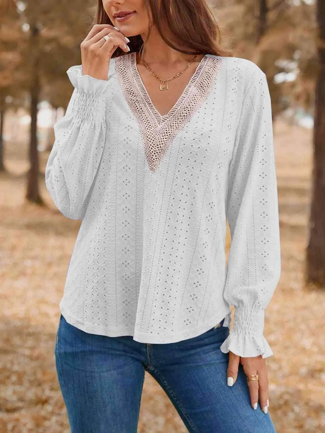 Eyelet V-Neck Flounce Sleeve Top White Blouses - Tophatter Daily Deals