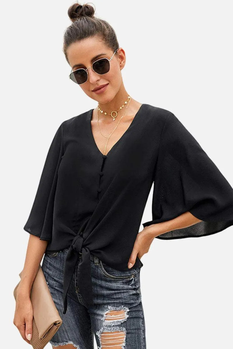 Button Tie Top Black Blouses - Tophatter Daily Deals