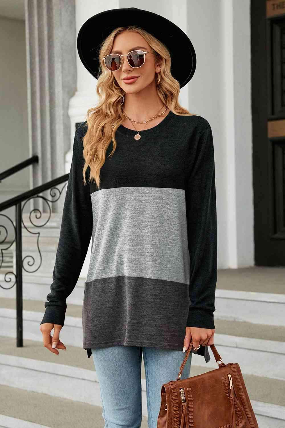 Color Block Round Neck Long Sleeve Slit T-Shirt Heather Gray Women's T-Shirts - Tophatter Daily Deals