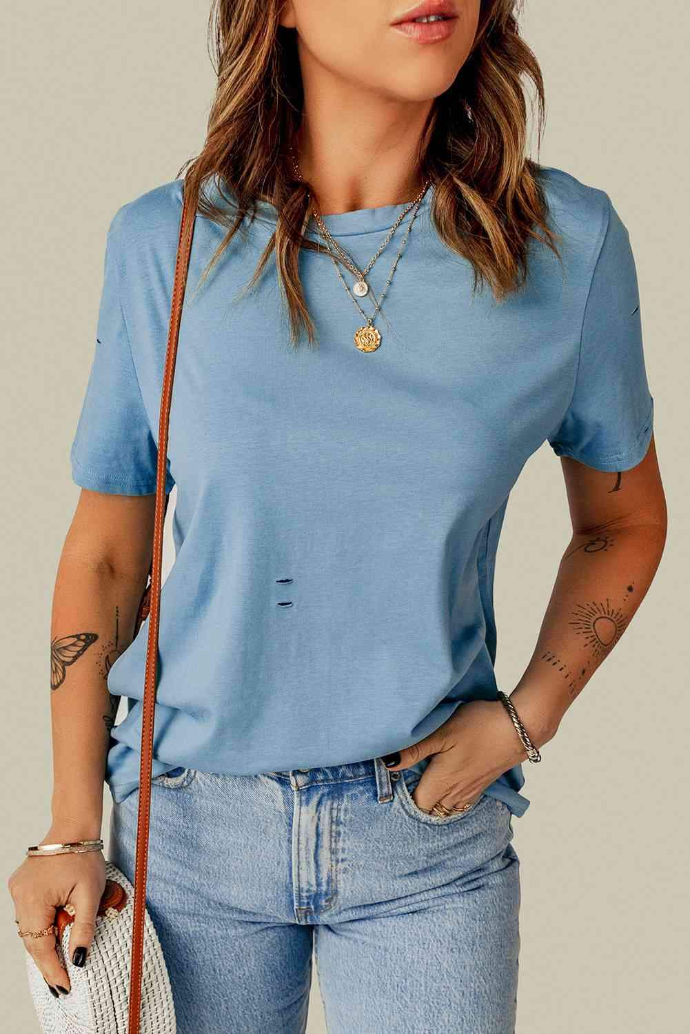 Distressed Round Neck Tee Women's T-Shirts - Tophatter Daily Deals