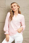 Double Take Eyelet Notched Neck Flounce Sleeve Blouse Blush Pink Blouses - Tophatter Daily Deals