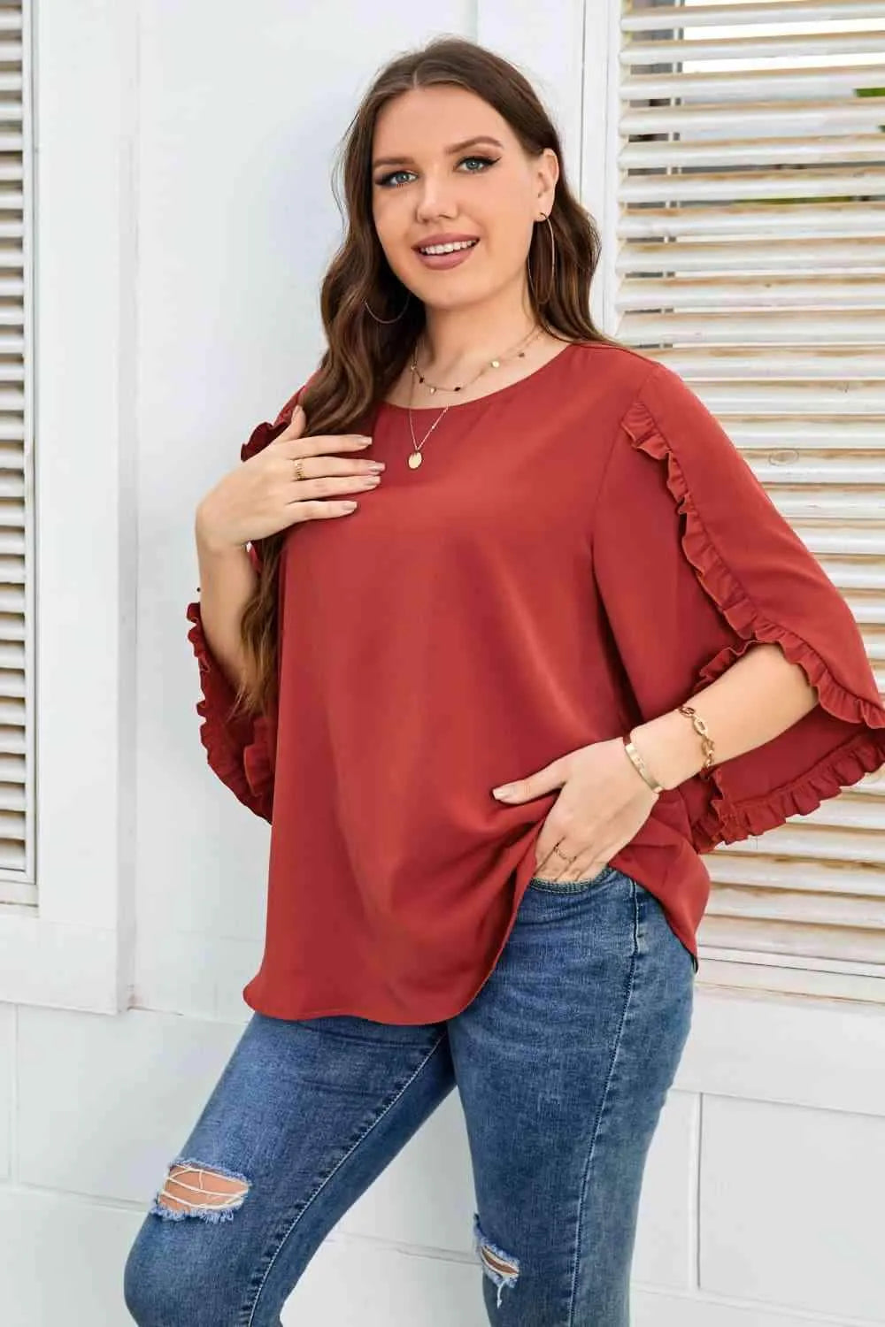 Plus Size Round Neck Frill Trim Blouse Blouses - Tophatter Daily Deals