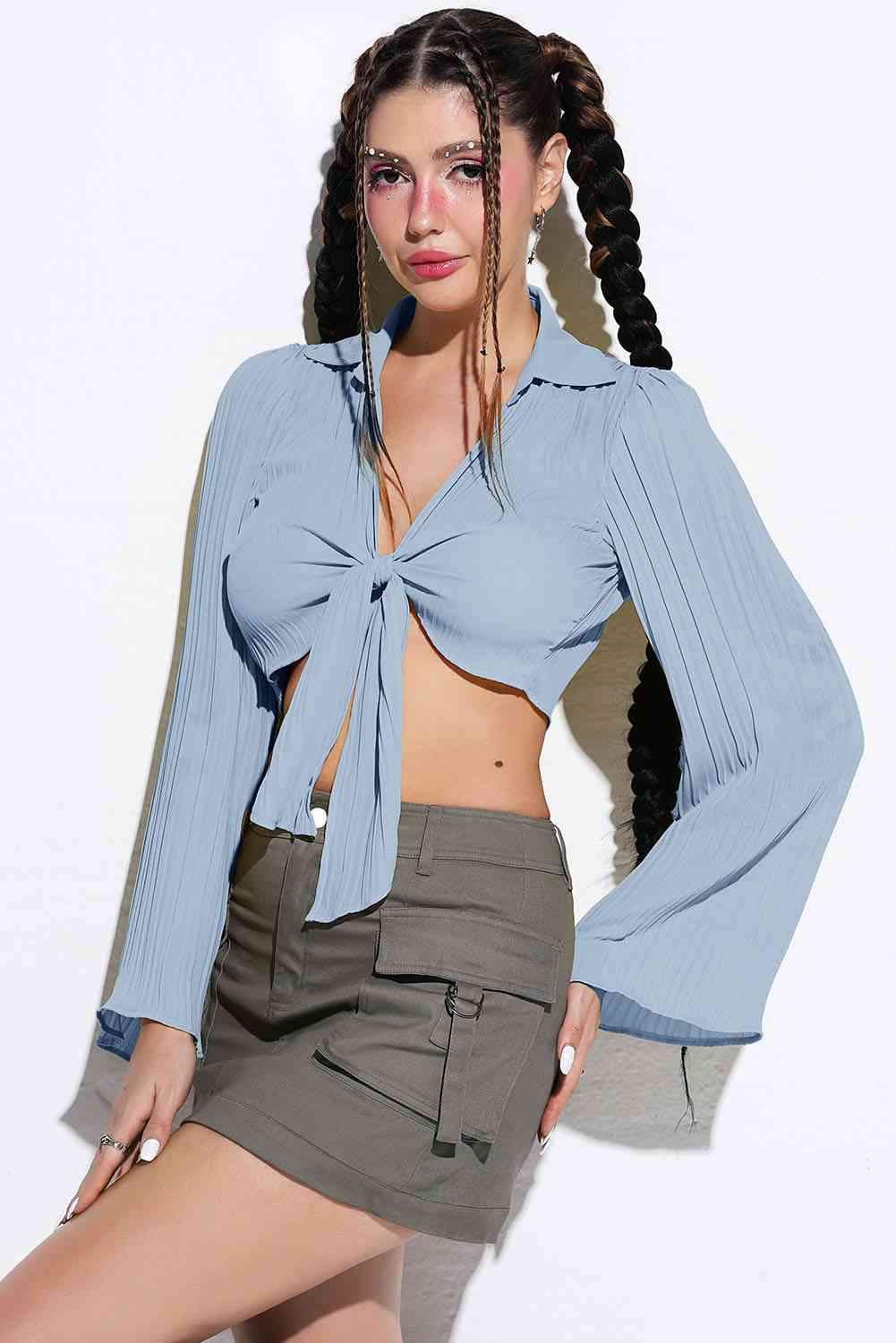 Tie Front Johnny Collar Flare Sleeve Cropped Top Blouses - Tophatter Daily Deals