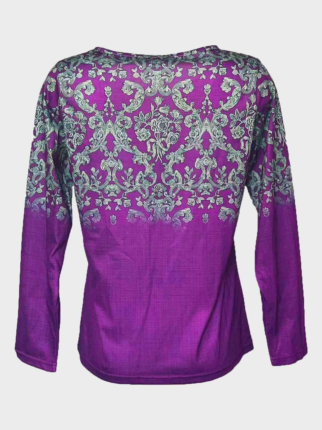 Printed Notched Long Sleeve T-Shirt Women's T-Shirts - Tophatter Daily Deals