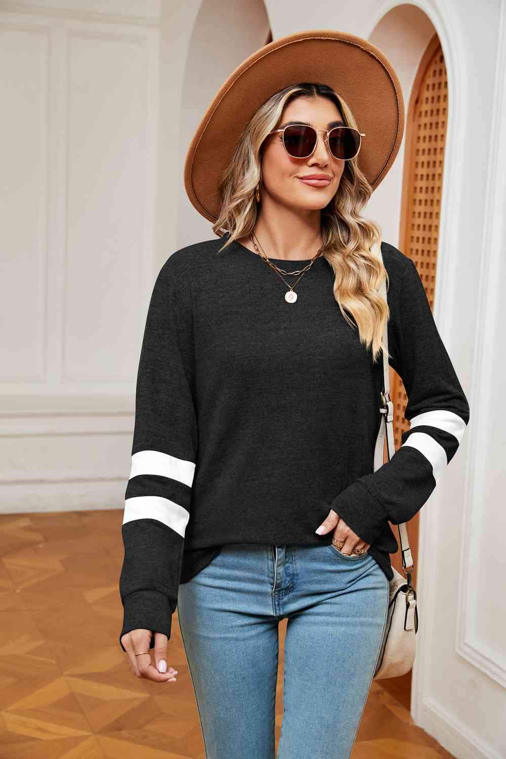 Round Neck Long Sleeve Top Black Women's T-Shirts - Tophatter Daily Deals