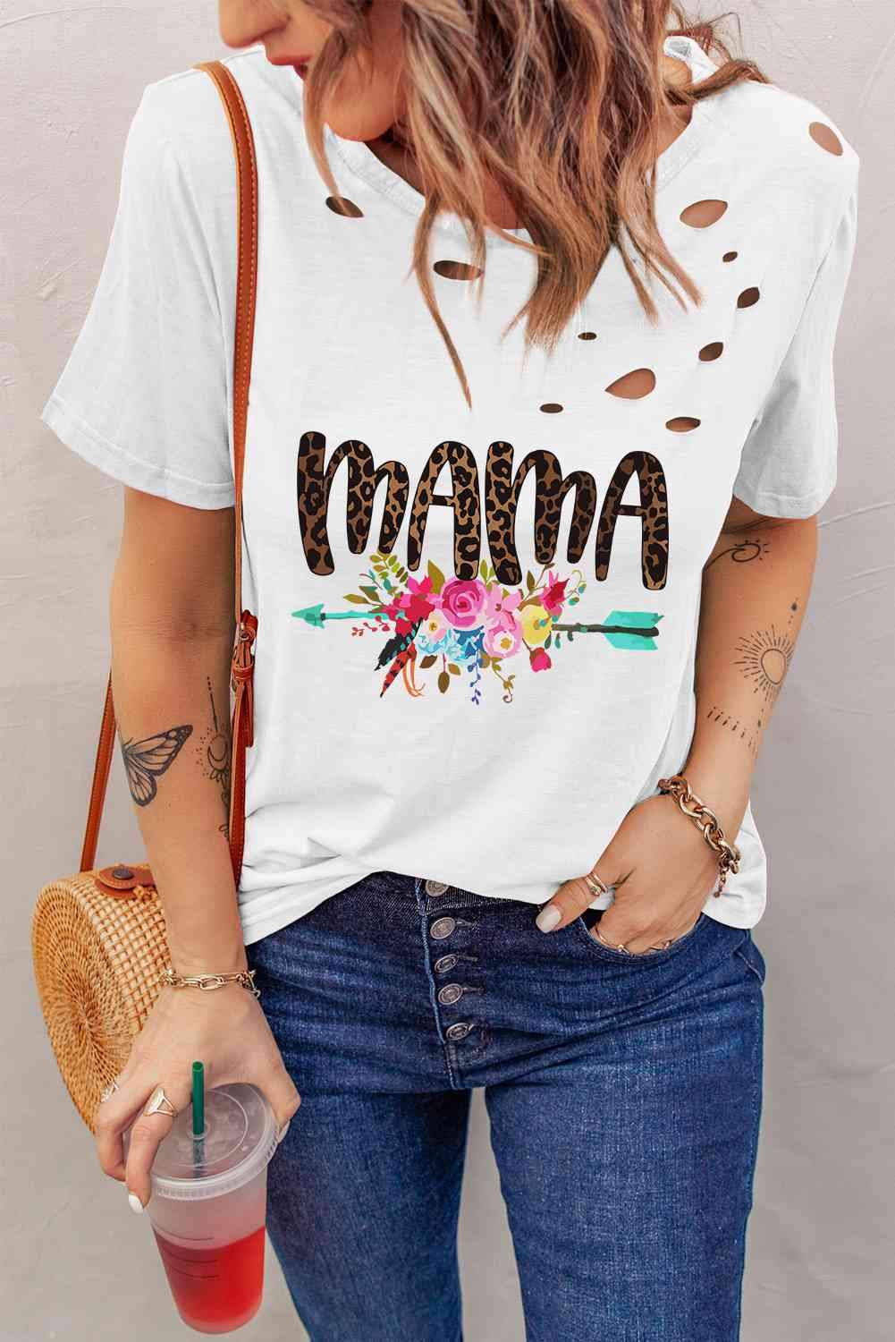 MAMA Graphic Distressed Round Neck Tee Women's T-Shirts - Tophatter Daily Deals