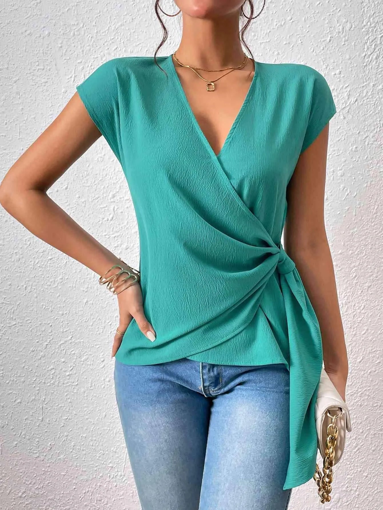 Tied Surplice Neck Short Sleeve Blouse Teal Blouses - Tophatter Daily Deals