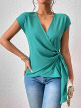 Tied Surplice Neck Short Sleeve Blouse Teal Blouses - Tophatter Daily Deals
