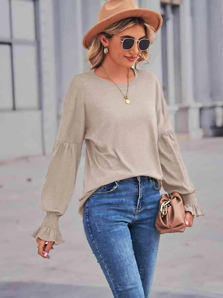 Round Neck Flounce Sleeve Blouse Dust Storm Blouses - Tophatter Daily Deals