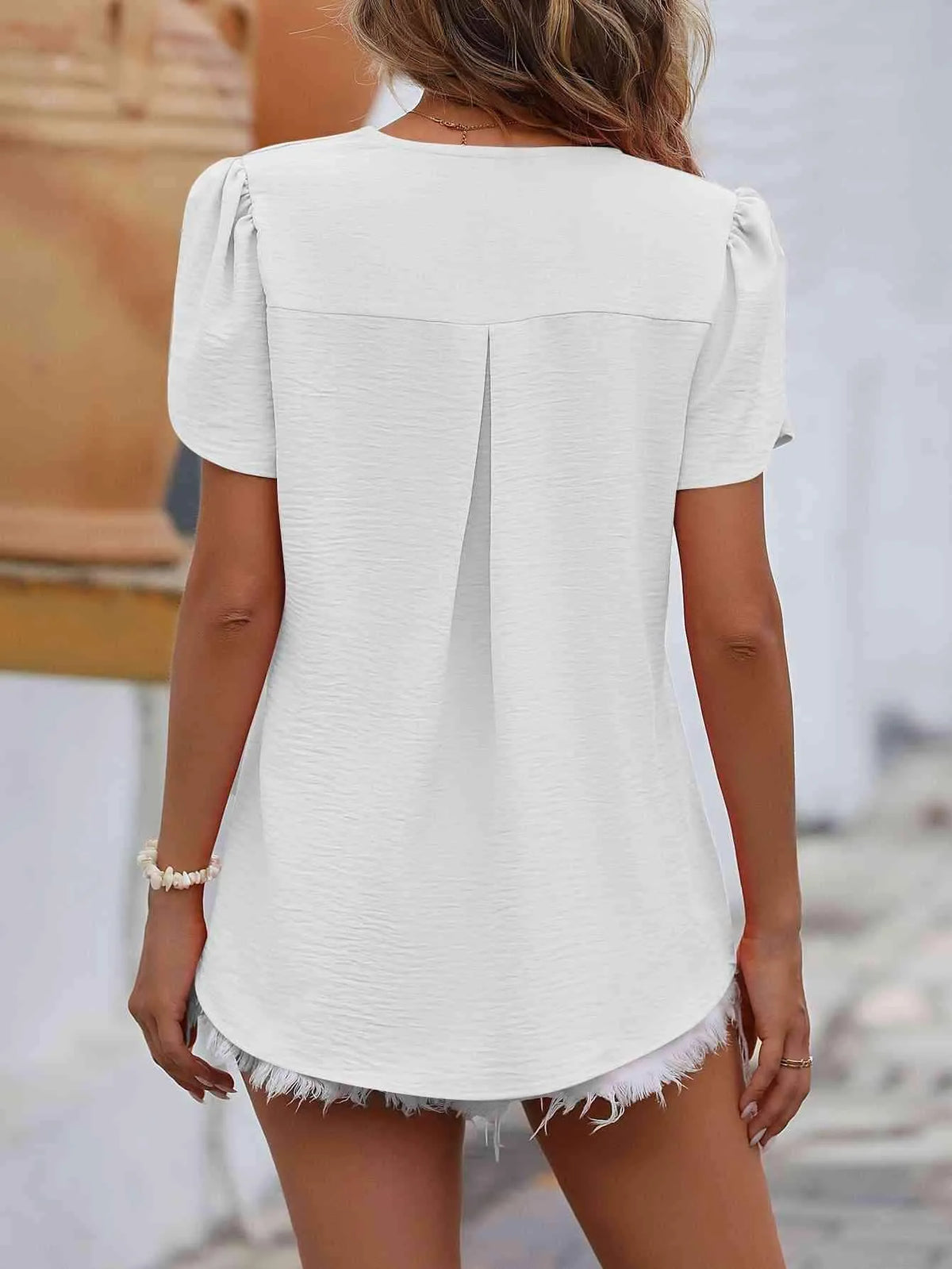 Ruche V-Neck Petal Sleeve Top Blouses - Tophatter Daily Deals