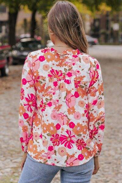 Floral V-Neck Frill Long Sleeve Blouse Blouses - Tophatter Daily Deals