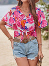 Floral V-Neck Flutter Sleeve Blouse Blouses - Tophatter Daily Deals