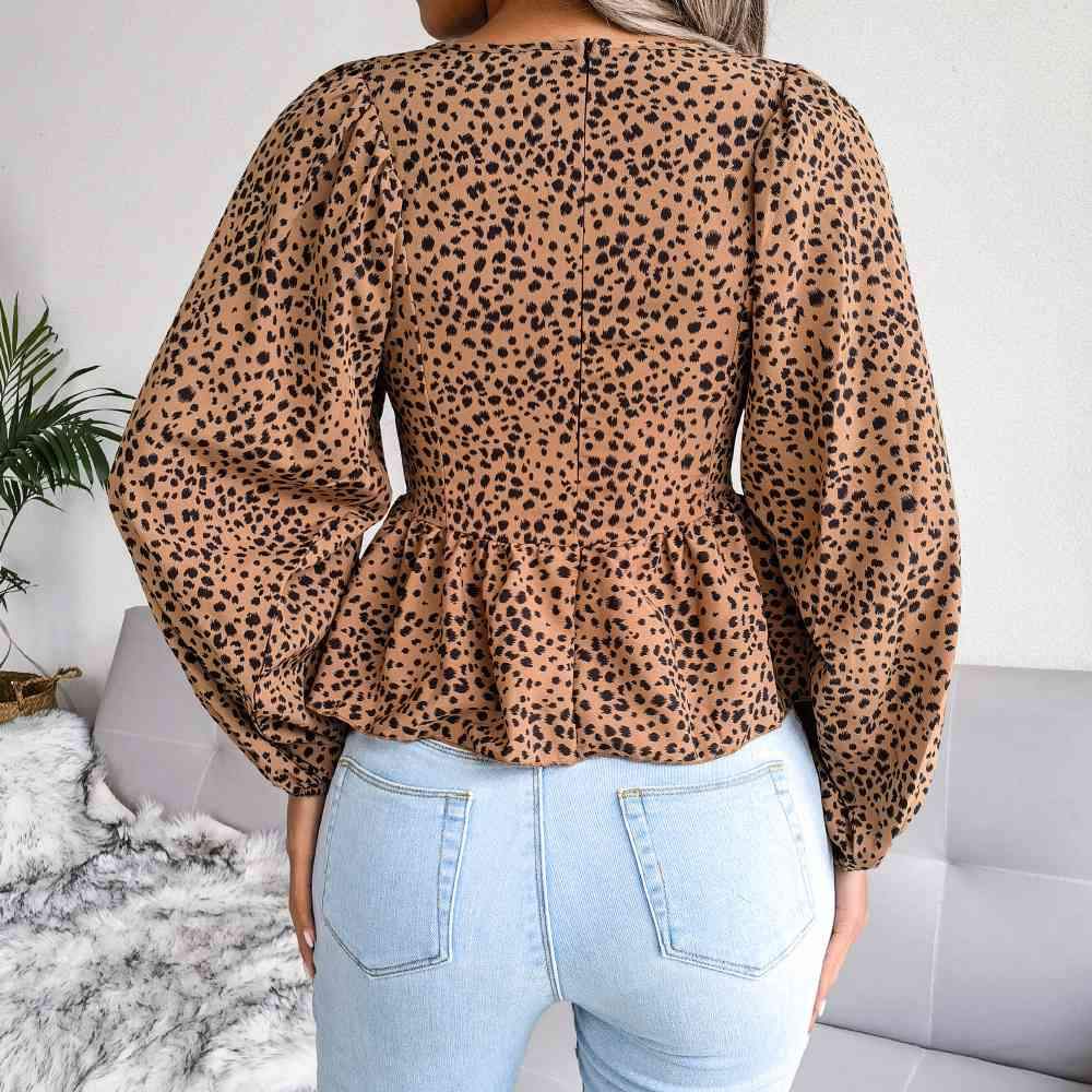 Printed Balloon Sleeve Peplum Blouse Blouses - Tophatter Daily Deals