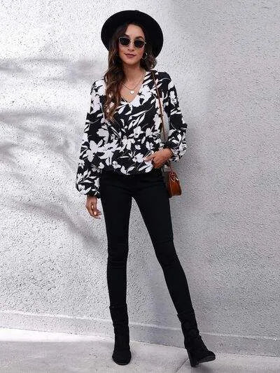 Floral V-Neck Balloon Sleeve Peplum Blouse Blouses - Tophatter Daily Deals