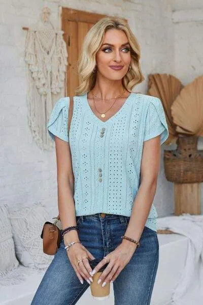 Decorative Button Eyelet V-Neck Short Sleeve T-Shirt Women's T-Shirts - Tophatter Daily Deals