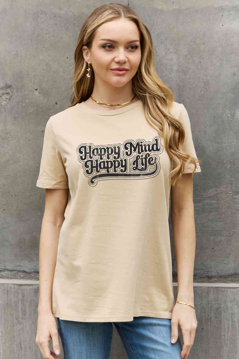 Simply Love Full Size HAPPY MIND HAPPY LIFE Graphic Cotton Tee Women's T-Shirts - Tophatter Daily Deals