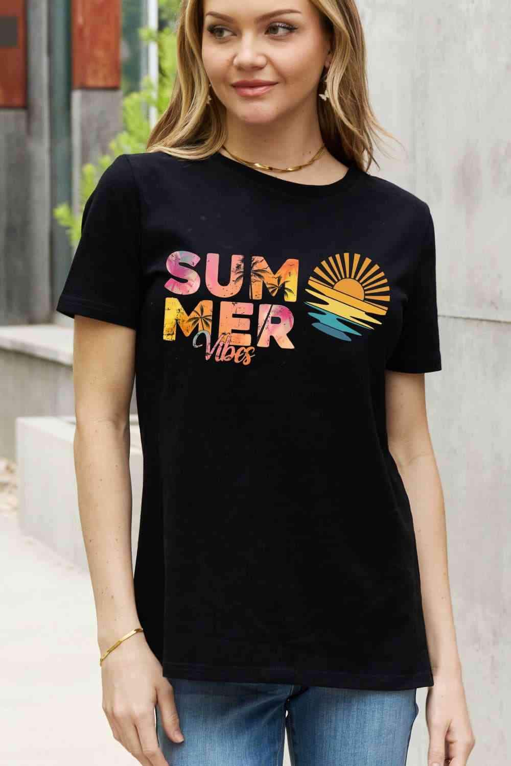 Simply Love Full Size SUMMER VIBES Graphic Cotton Tee Black Women's T-Shirts - Tophatter Daily Deals