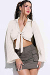 Tie Front Johnny Collar Flare Sleeve Cropped Top White Blouses - Tophatter Daily Deals