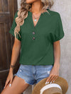 Notched Buttoned Short Sleeve T-Shirt Green Women's T-Shirts - Tophatter Daily Deals