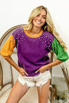 BiBi Color Block Pearl Detail Round Neck Sweater PURPLE MUSTARD GREEN Blouses - Tophatter Daily Deals