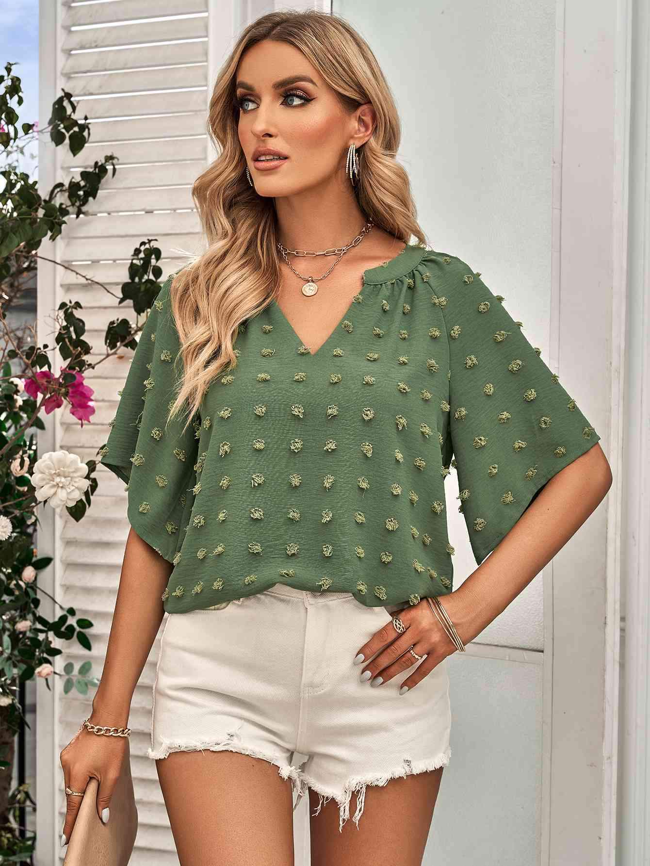 Swiss Dot Notched Neck Flare Sleeve Blouse Army Green Blouses - Tophatter Daily Deals