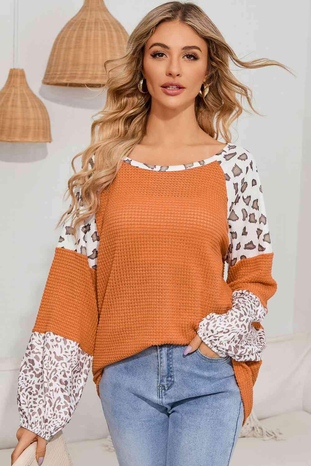 Leopard Waffle-Knit Long Sleeve Blouse Pumpkin Blouses - Tophatter Daily Deals