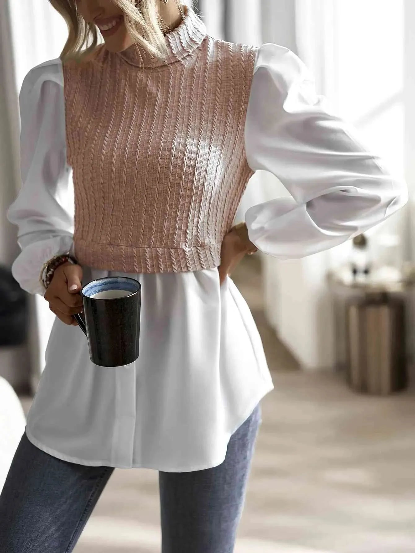 Contrast Cable-Knit Mock Neck Top Pale Blush Blouses - Tophatter Daily Deals