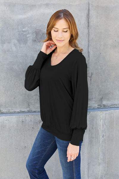 Basic Bae Full Size V-Neck Lantern Sleeve Blouse Blouses - Tophatter Daily Deals