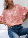 Leopard Round Neck Frill Trim Blouse Blouses - Tophatter Daily Deals