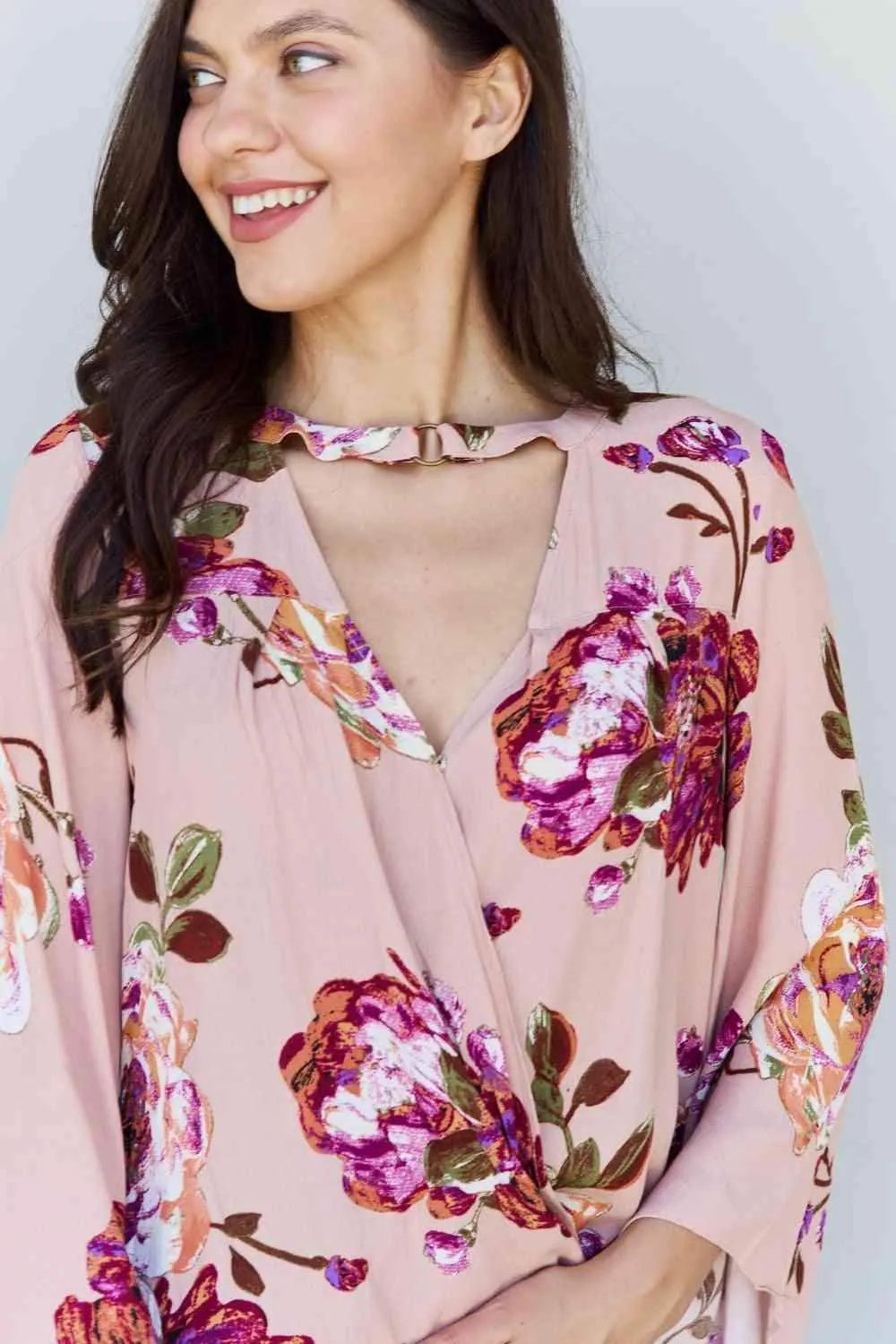 ODDI Full Size Floral Bell Sleeve Crepe Top Blouses - Tophatter Daily Deals
