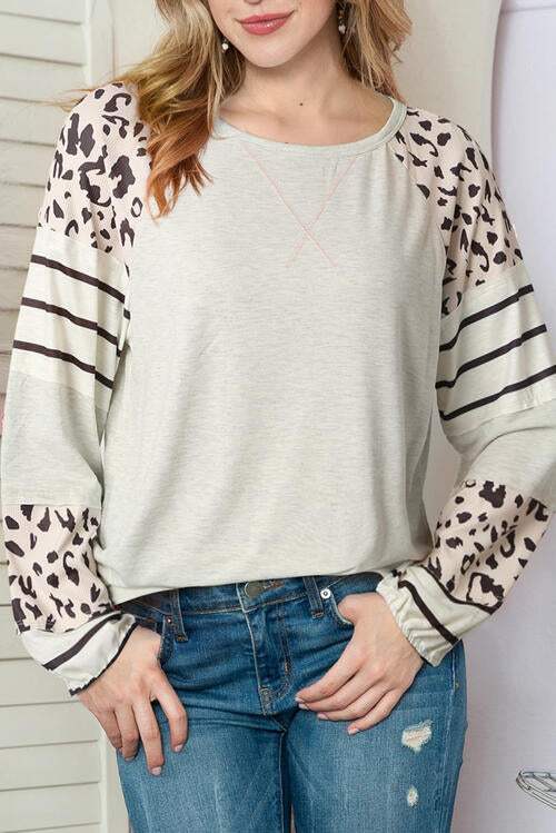 Leopard Round Neck Long Sleeve Top Blouses - Tophatter Daily Deals