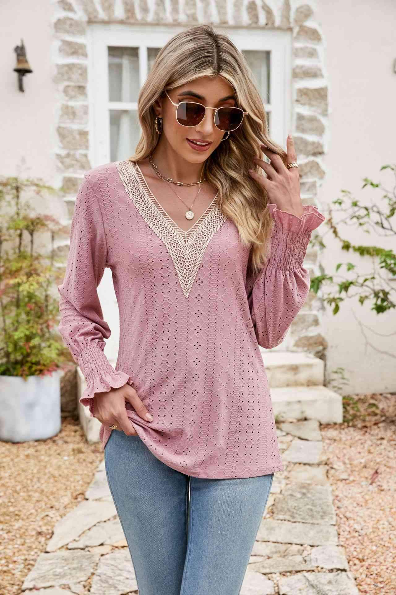 Eyelet V-Neck Smocked Flounce Sleeve Blouse Blouses - Tophatter Daily Deals