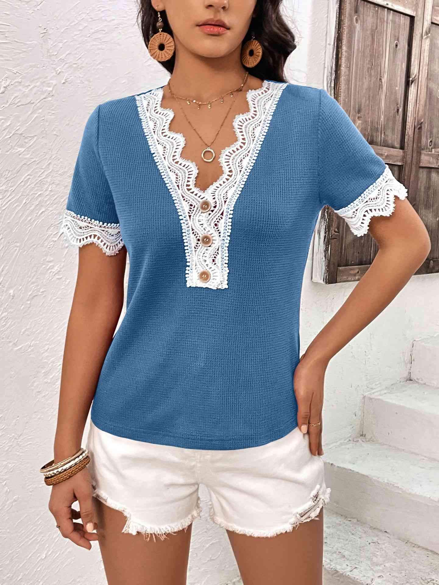 Decorative Button Spliced Lace Short Sleeve Top Blouses - Tophatter Daily Deals