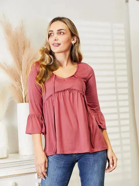 Ninexis Flounce Sleeve Full Size Babydoll Blouse Burnt Coral Blouses - Tophatter Daily Deals
