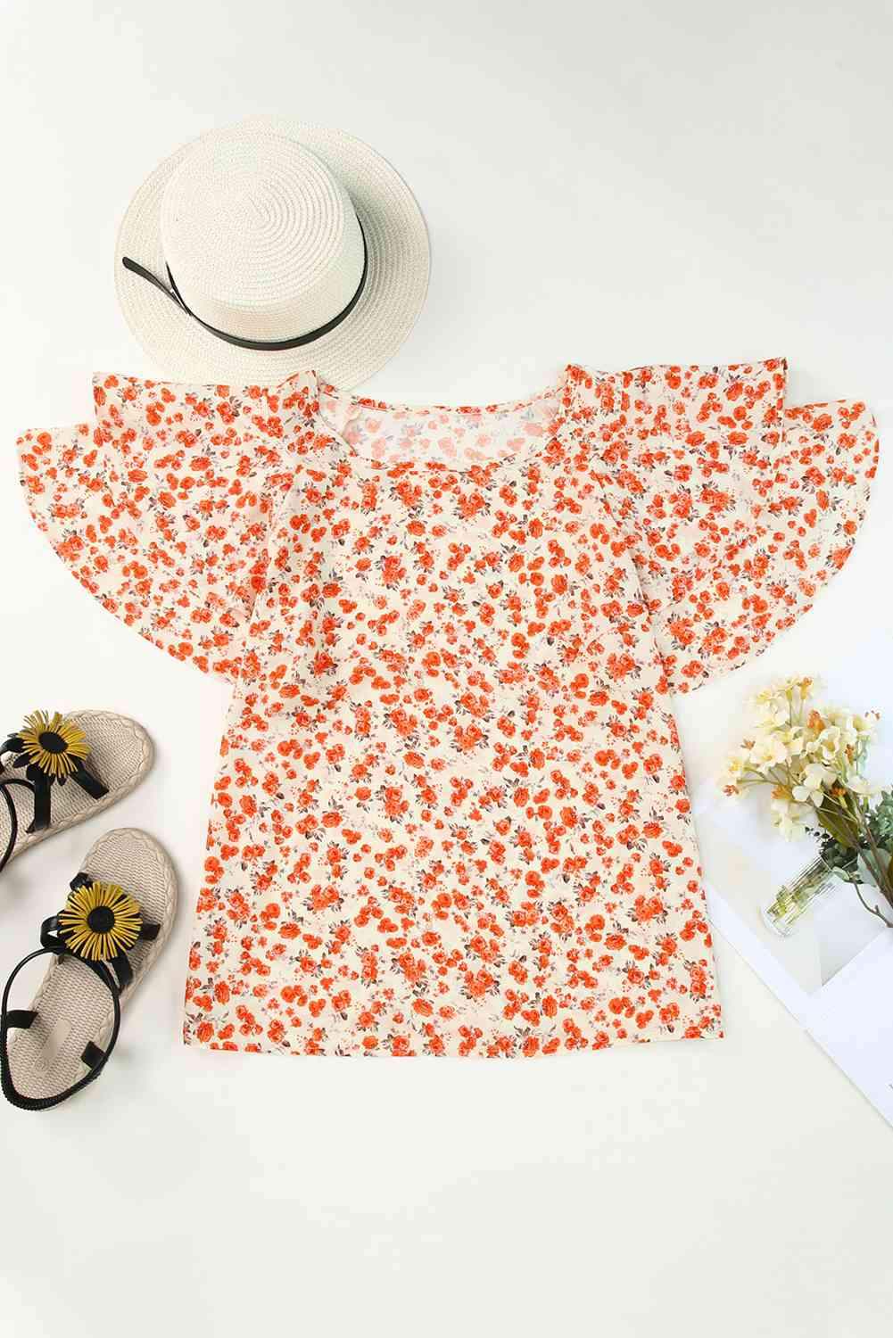 Floral Round Neck Flutter Sleeve Blouse Blouses - Tophatter Daily Deals