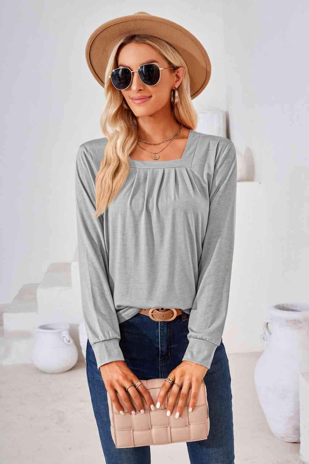 Square Neck Ruched Long Sleeve Blouse Blouses - Tophatter Daily Deals