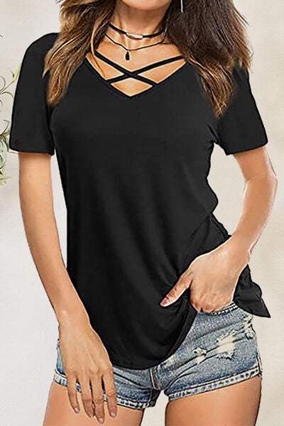 Crisscross Short Sleeve T-Shirt Black Women's T-Shirts - Tophatter Daily Deals