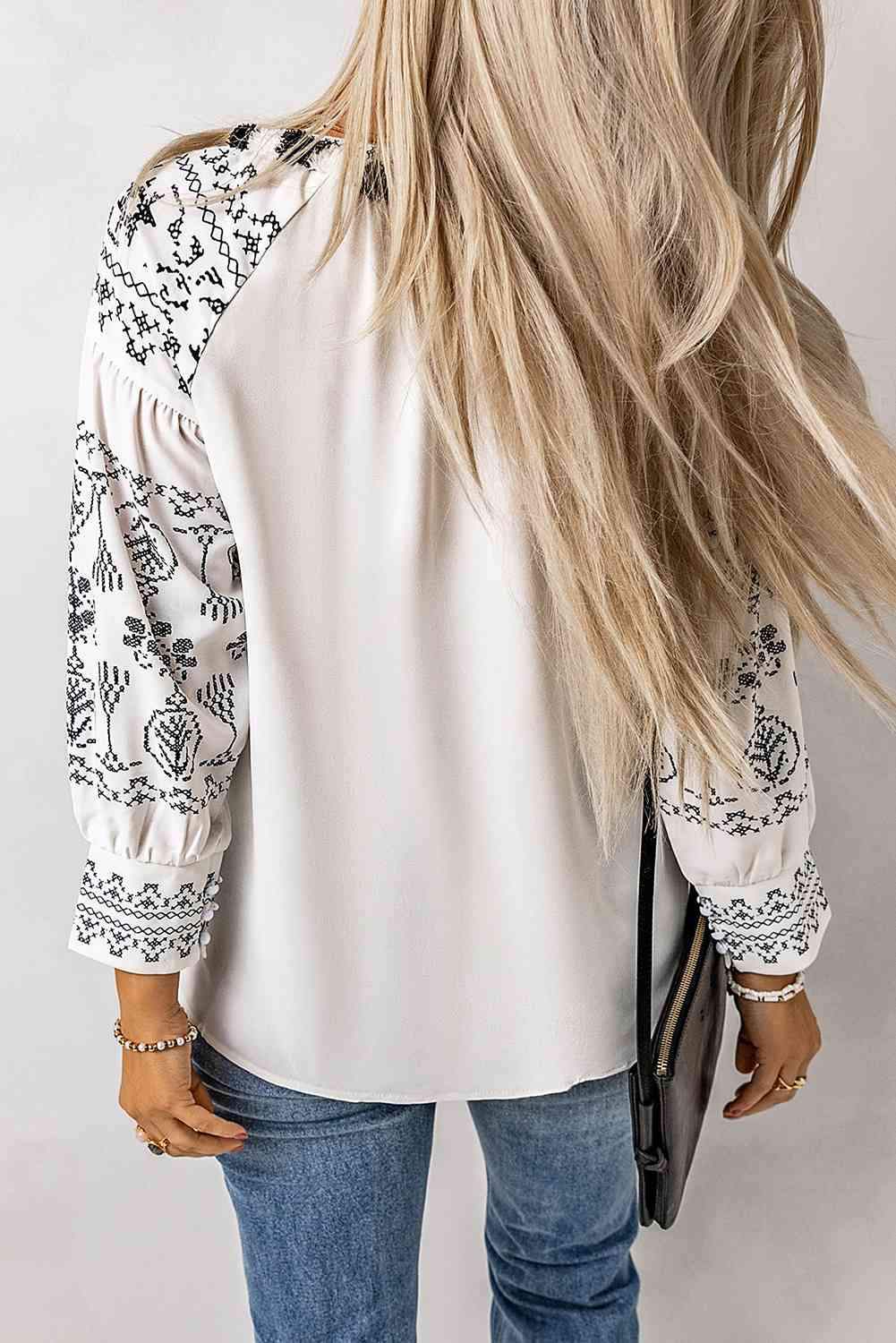 Printed Tassel Tie Puff Sleeve Blouse Blouses - Tophatter Daily Deals