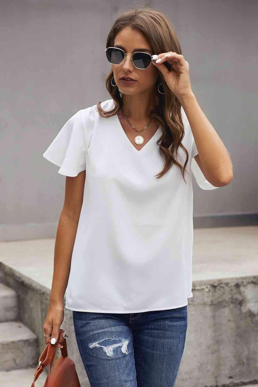 V-Neck Flutter Sleeve Blouse White Blouses - Tophatter Daily Deals