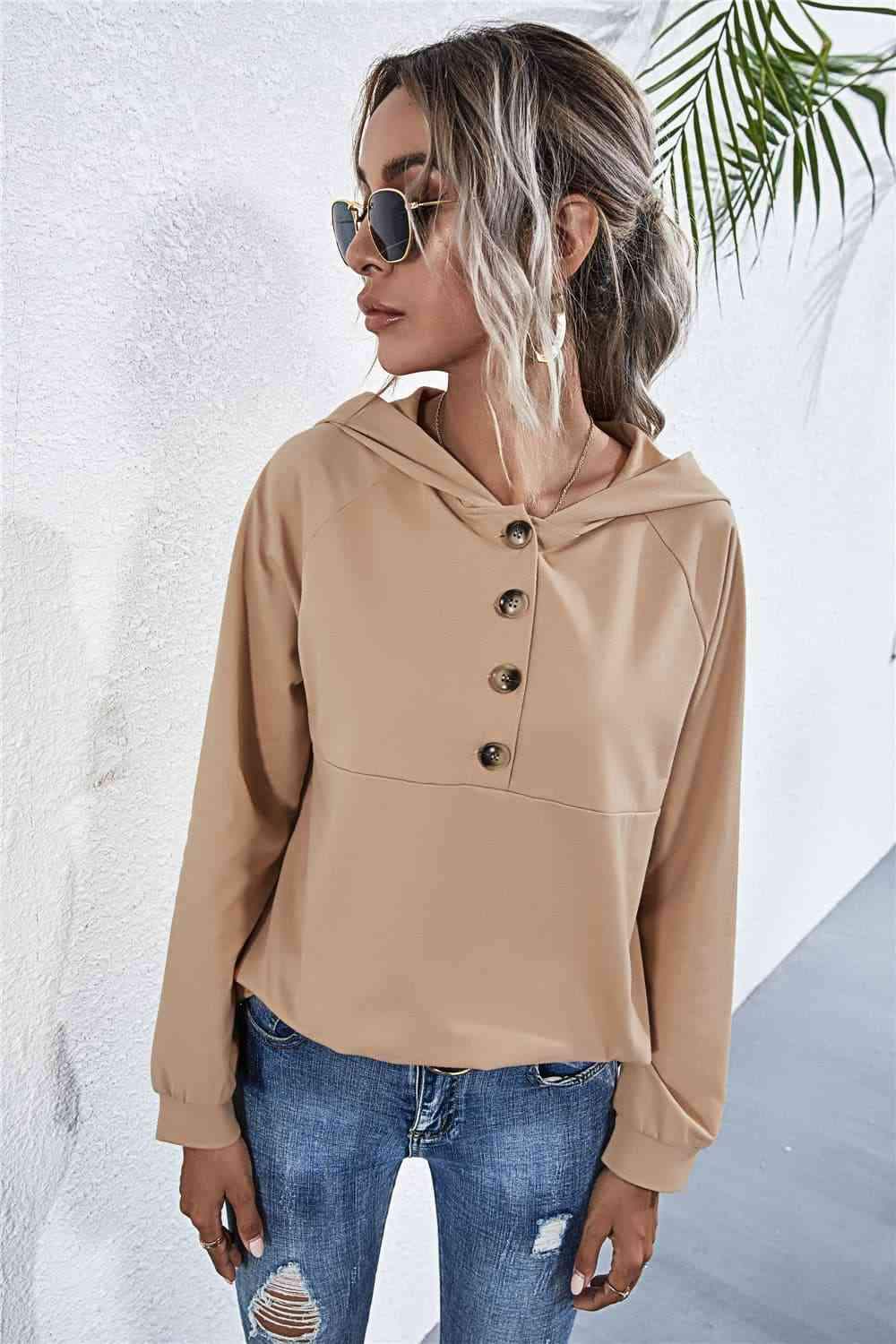 Buttoned Raglan Sleeve Hooded Blouse Blouses - Tophatter Daily Deals